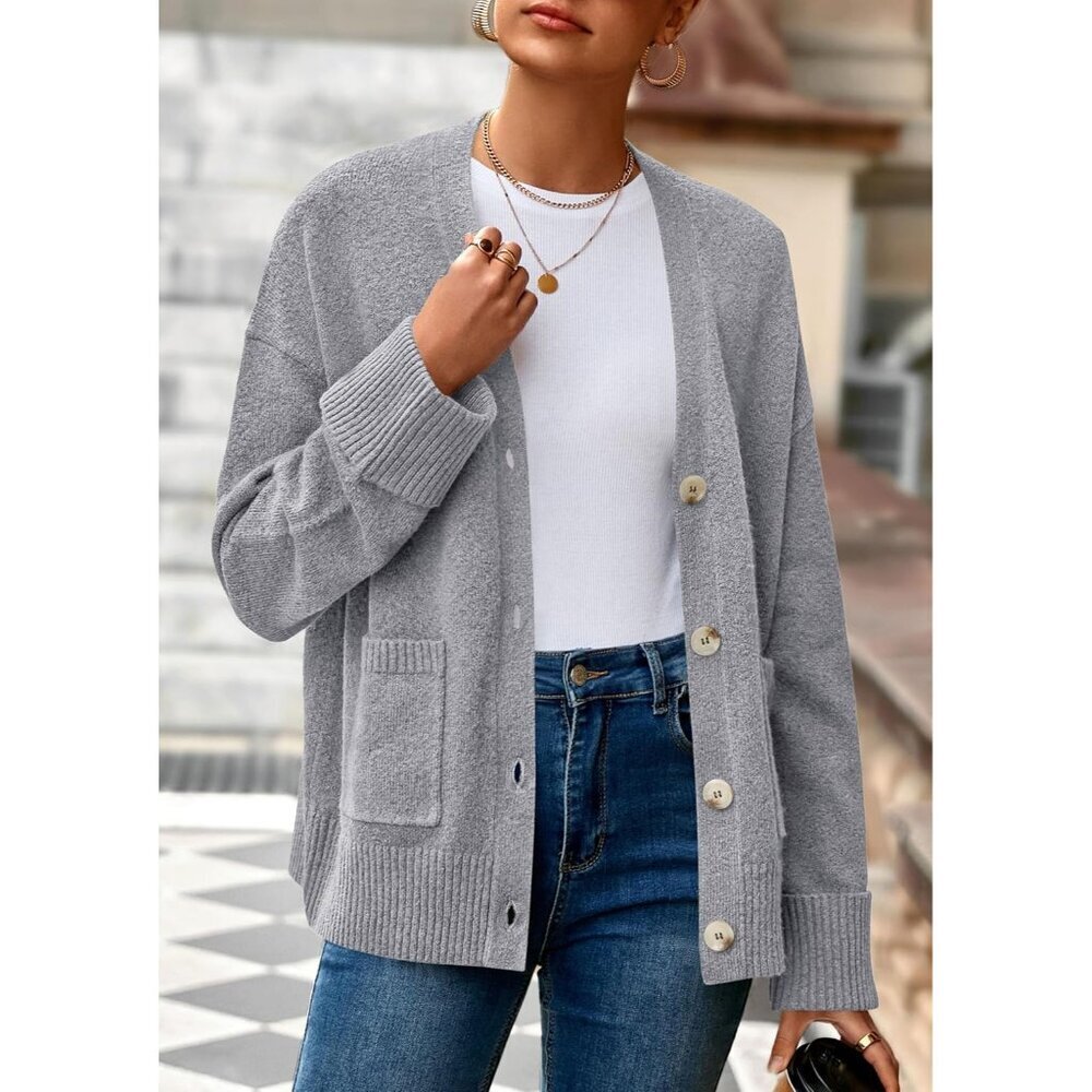 Women's Chunky Knit Oversized Cardigan V Neck Button Fall Winter - Picture 6 of 8